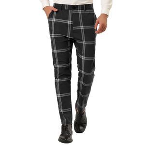 Plaid Dress Pants Casual Slim Fit Flat Front Checked Printed Business Trousers
